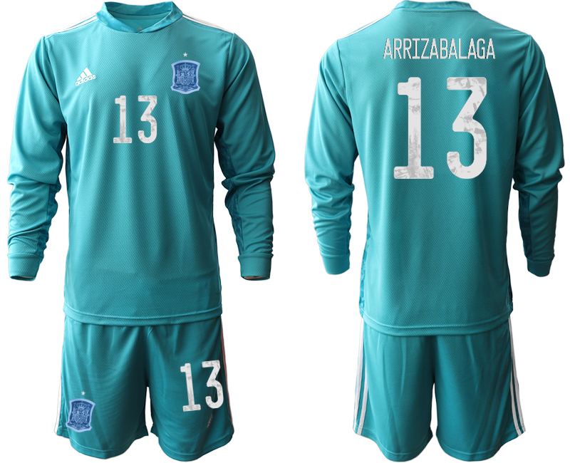 Men 2021 European Cup Spain blue Long sleeve goalkeeper #13 Soccer Jersey->spain jersey->Soccer Country Jersey